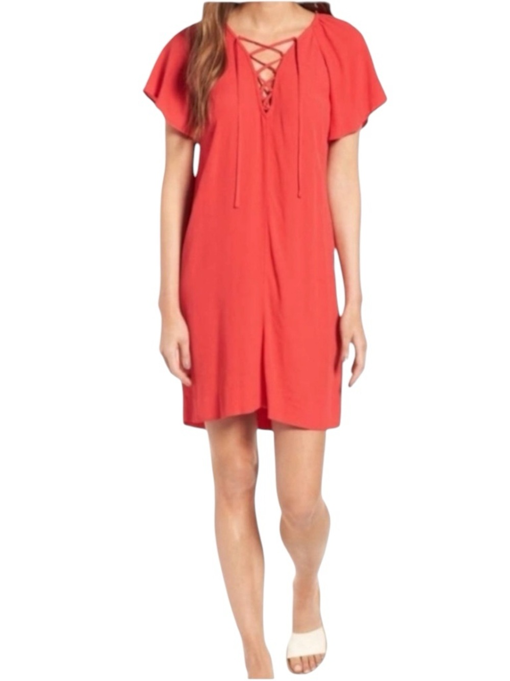 Madewell Flutter Sleeve Red Lace-Up Mini Dress